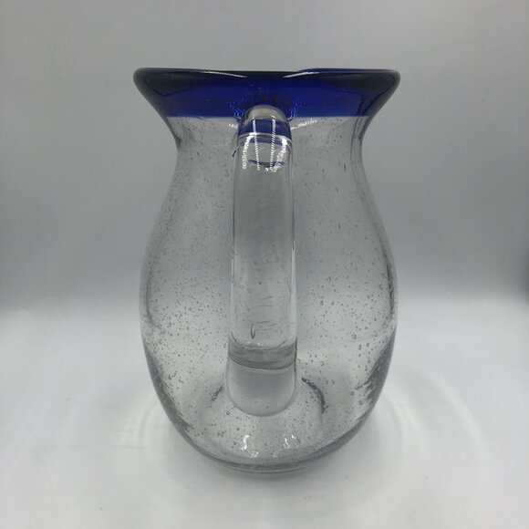 Cobalt Blue Rim Handblown Glass Pitcher With Handle Kitchen Drinkware - Picture 4 of 13
